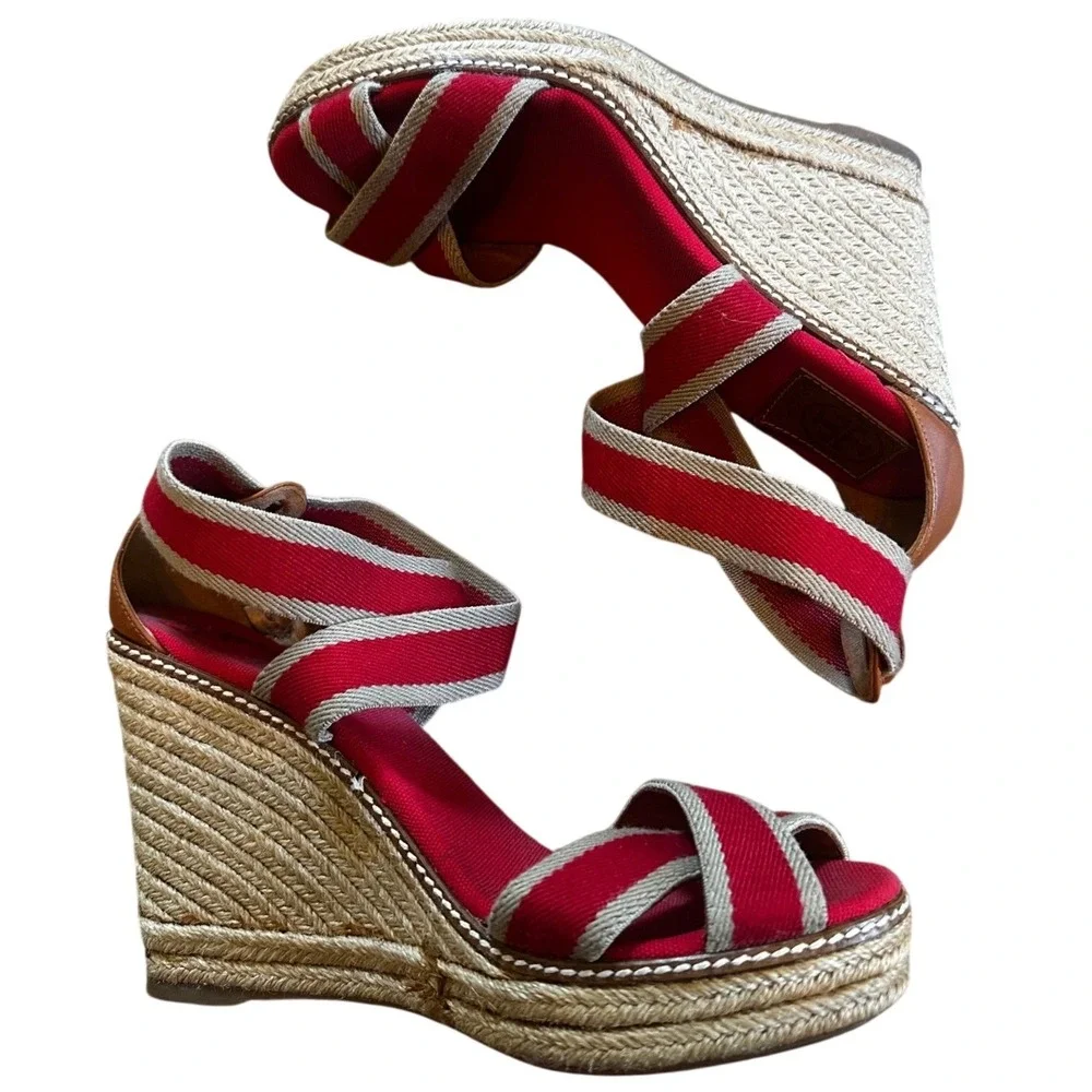 Tory Burch Red Striped Canvas Espadrille Wedge Sandals Women's 11
